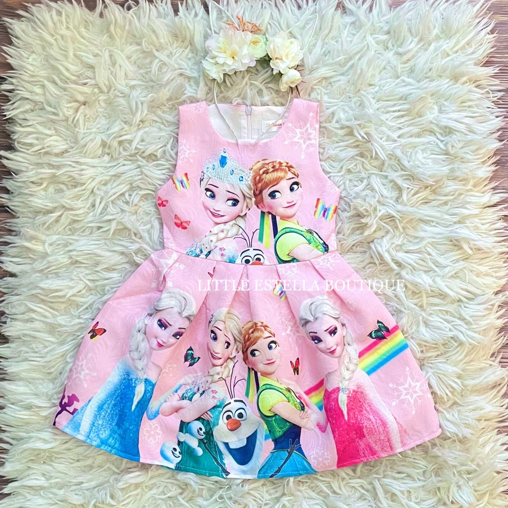 Girls Pink Frozen Princess Elsa and Anna Dress